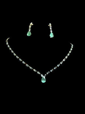Gold crystal necklace and earrings set with green teardrop pendant