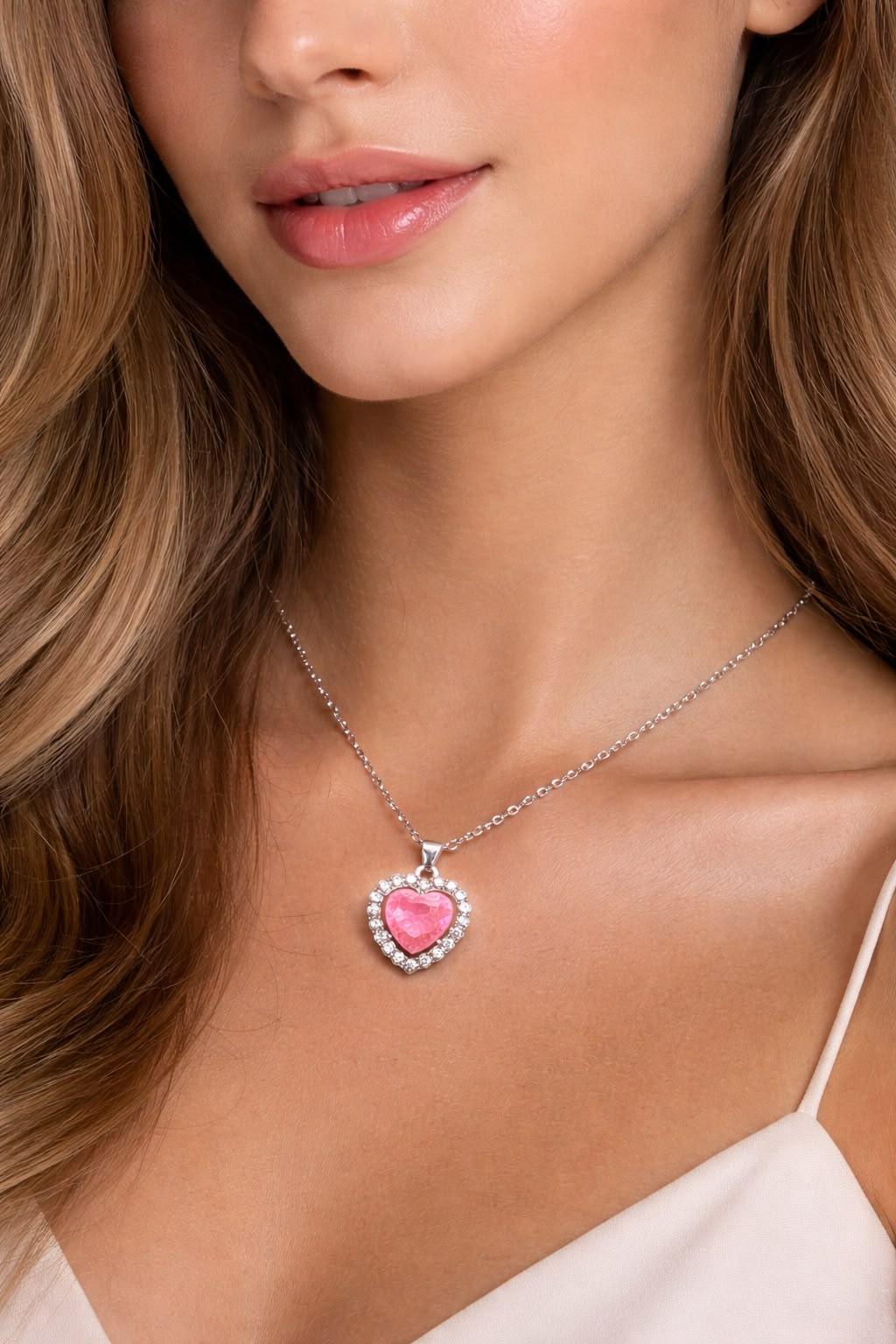 Aura Amore™ Heart Halo Necklace – Pink Crystal Heart Pendant in Silver Finish