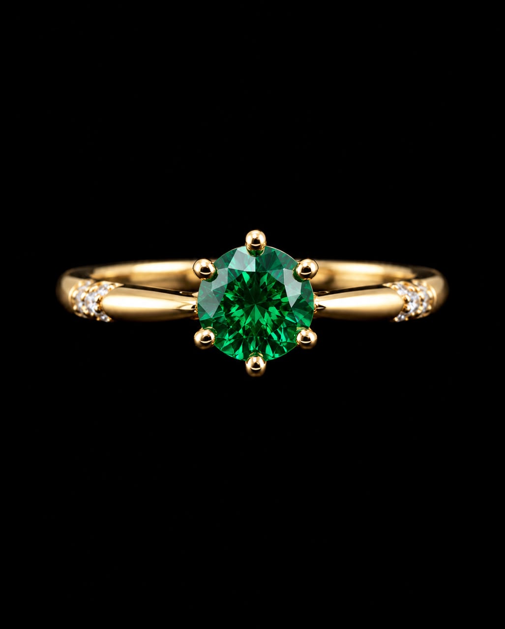 Aura Emerald Royale Ring featuring a brilliant emerald-green round crystal in a gold-tone solitaire setting with sparkling accent stones.