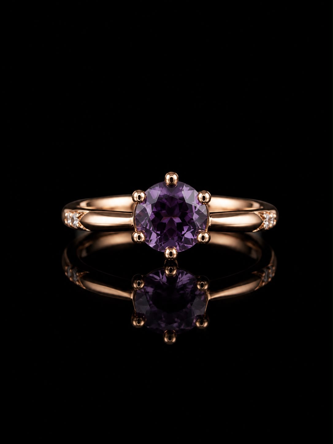 Aura Amethyst Rose Ring featuring a sparkling purple crystal solitaire set on a polished rose gold-tone band with delicate accent stones.